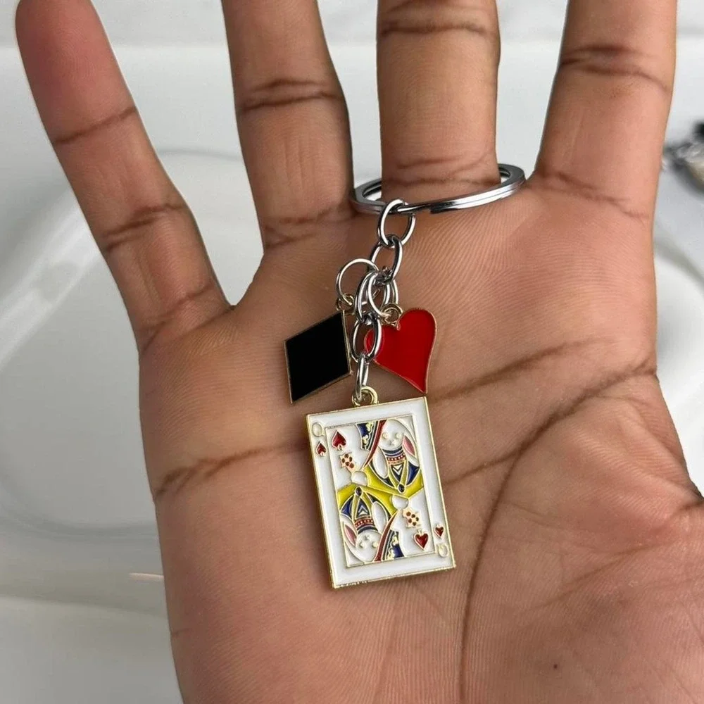 Queen Card Keychain Heart Spade Card Charm Metal Key Ring Bag Charm Accessory